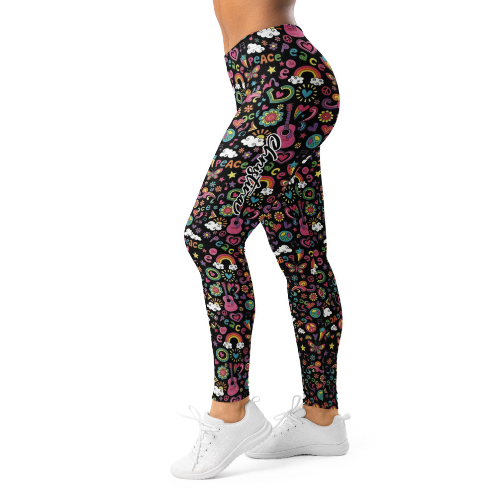 Personalisierte Damen Sportleggings Hippie Design Peace Muster Bunt Schwarz Fitness Yoga Leggings O170