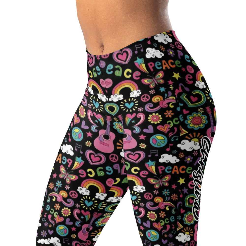 Personalisierte Damen Sportleggings Hippie Design Peace Muster Bunt Schwarz Fitness Yoga Leggings O170