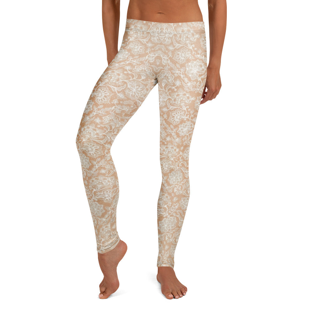 Personalisierte Damen Sportleggings Beige Weiß Spitzenmuster Yoga Leggings Fitnesshose Florales Design L462