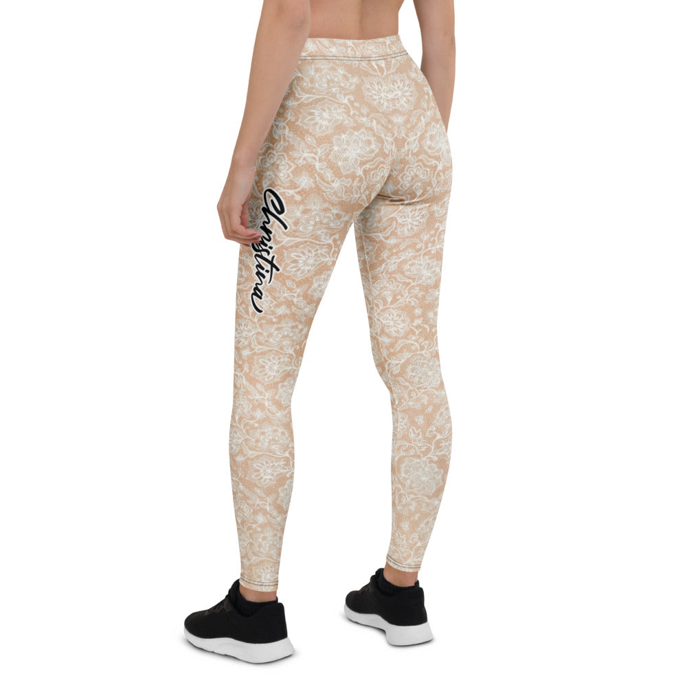 Personalisierte Damen Sportleggings Beige Weiß Spitzenmuster Yoga Leggings Fitnesshose Florales Design L462