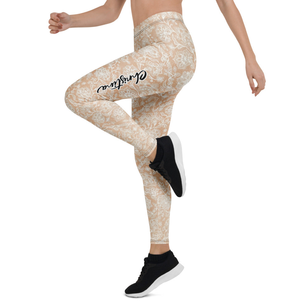 Personalisierte Damen Sportleggings Beige Weiß Spitzenmuster Yoga Leggings Fitnesshose Florales Design L462
