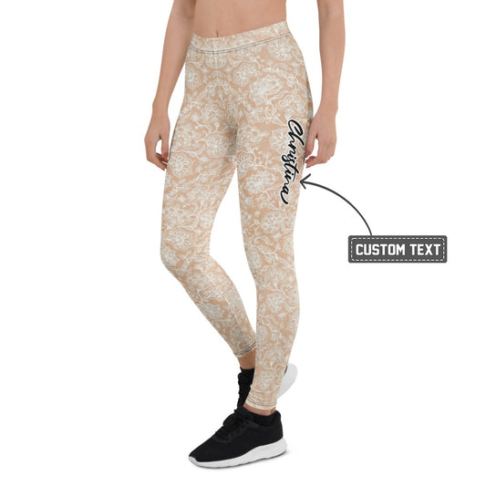 Personalisierte Damen Sportleggings Beige Weiß Spitzenmuster Yoga Leggings Fitnesshose Florales Design L462 - XL