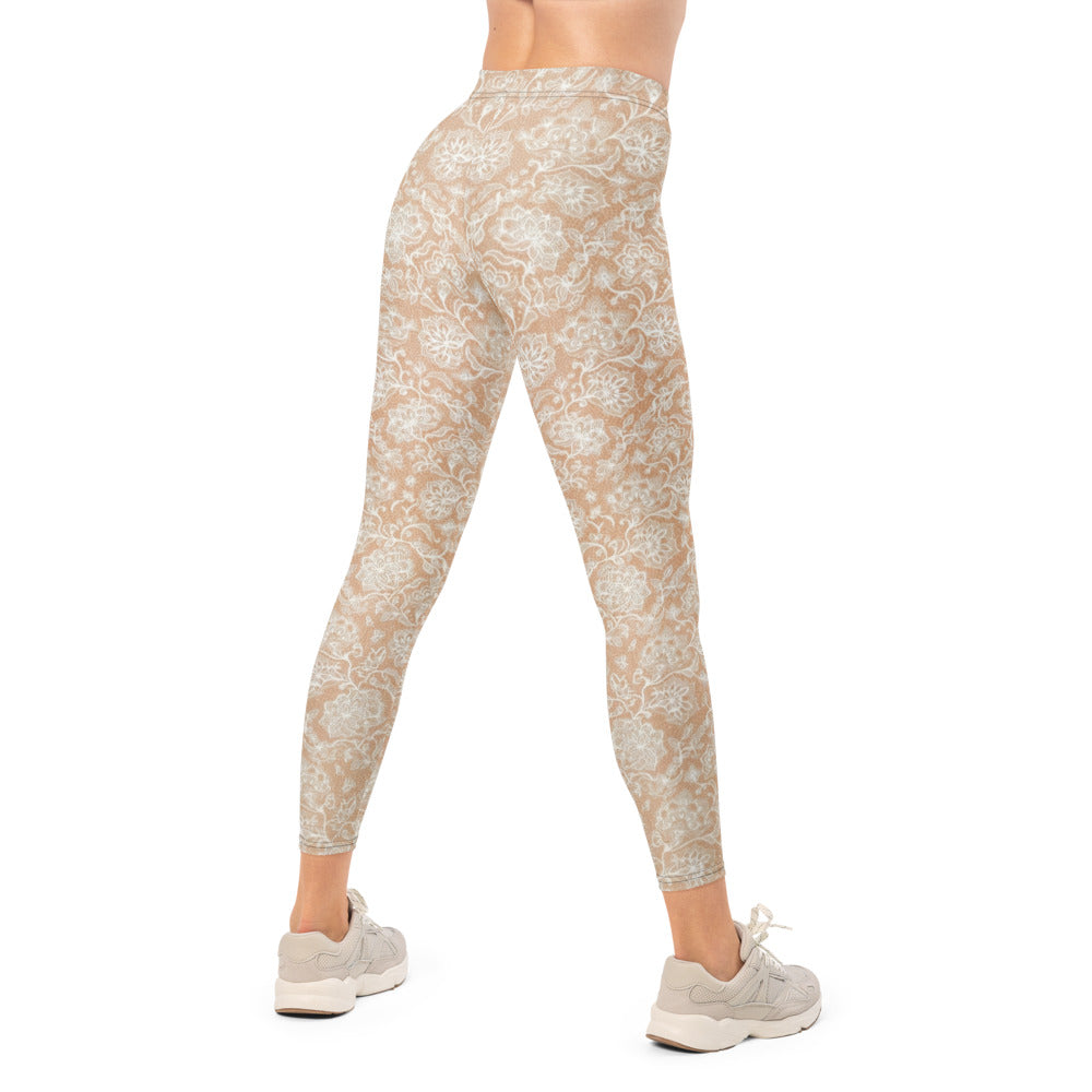 Personalisierte Damen Sportleggings Beige Weiß Spitzenmuster Yoga Leggings Fitnesshose Florales Design L462