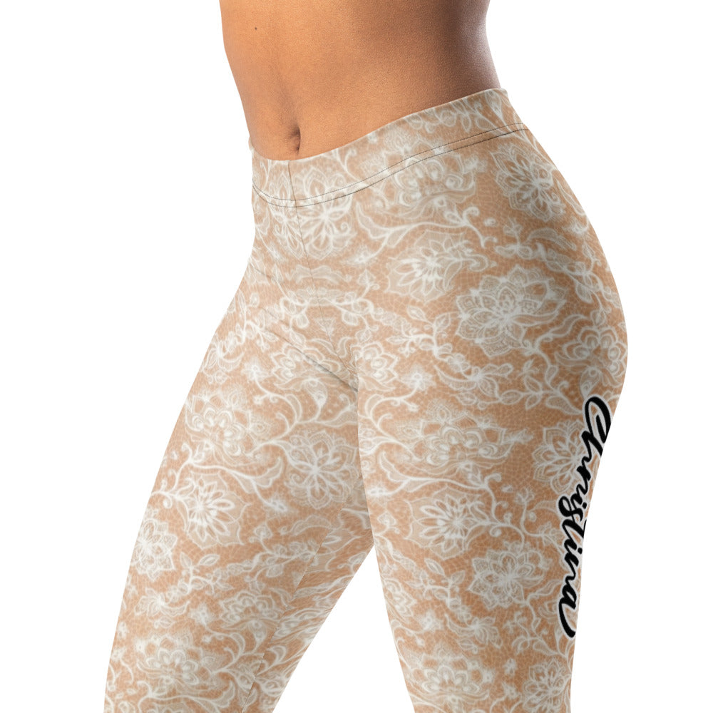 Personalisierte Damen Sportleggings Beige Weiß Spitzenmuster Yoga Leggings Fitnesshose Florales Design L462
