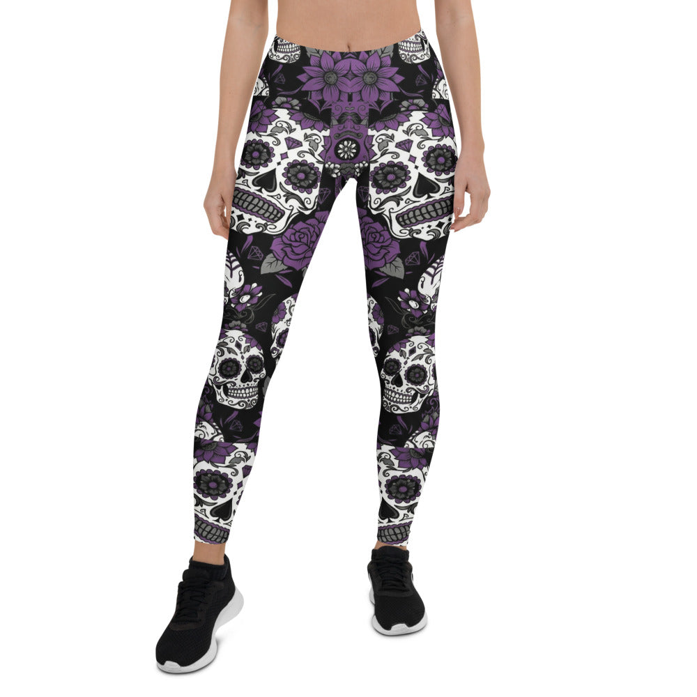 Personalisierte Damen Sportleggings Totenkopf Sugar Skull Design Lila Schwarz Weiß Fitness Yoga Leggings E429