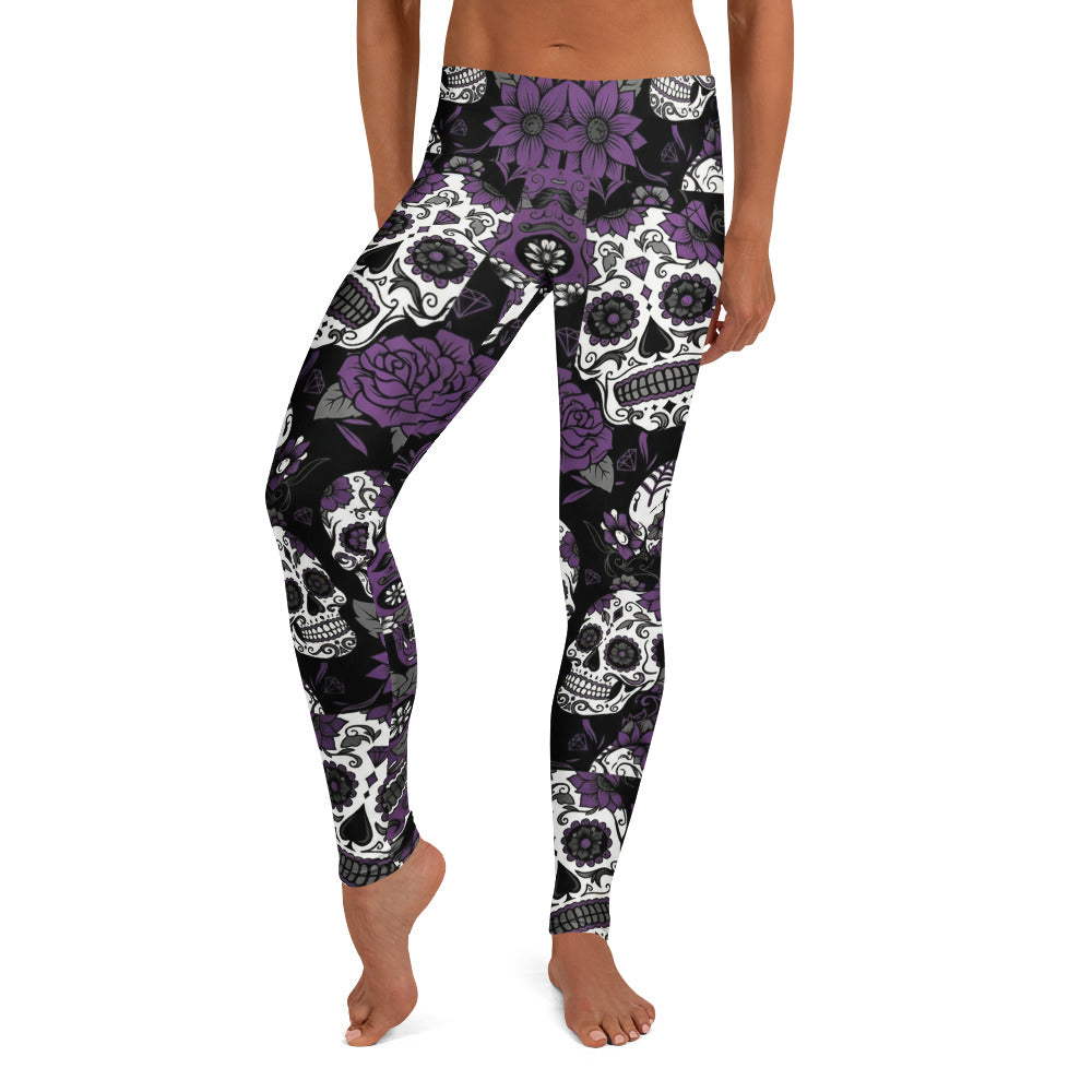 Personalisierte Damen Sportleggings Totenkopf Sugar Skull Design Lila Schwarz Weiß Fitness Yoga Leggings E429