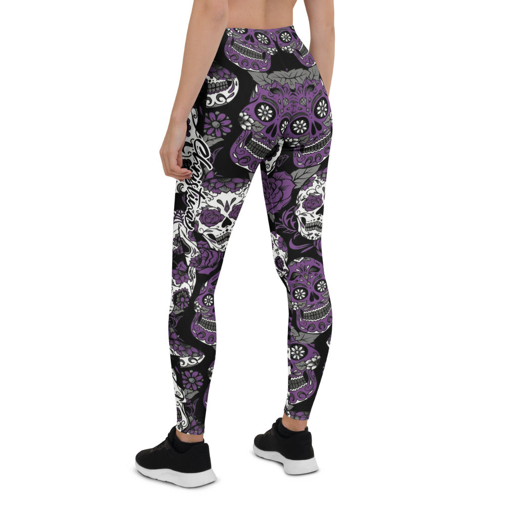 Personalisierte Damen Sportleggings Totenkopf Sugar Skull Design Lila Schwarz Weiß Fitness Yoga Leggings E429