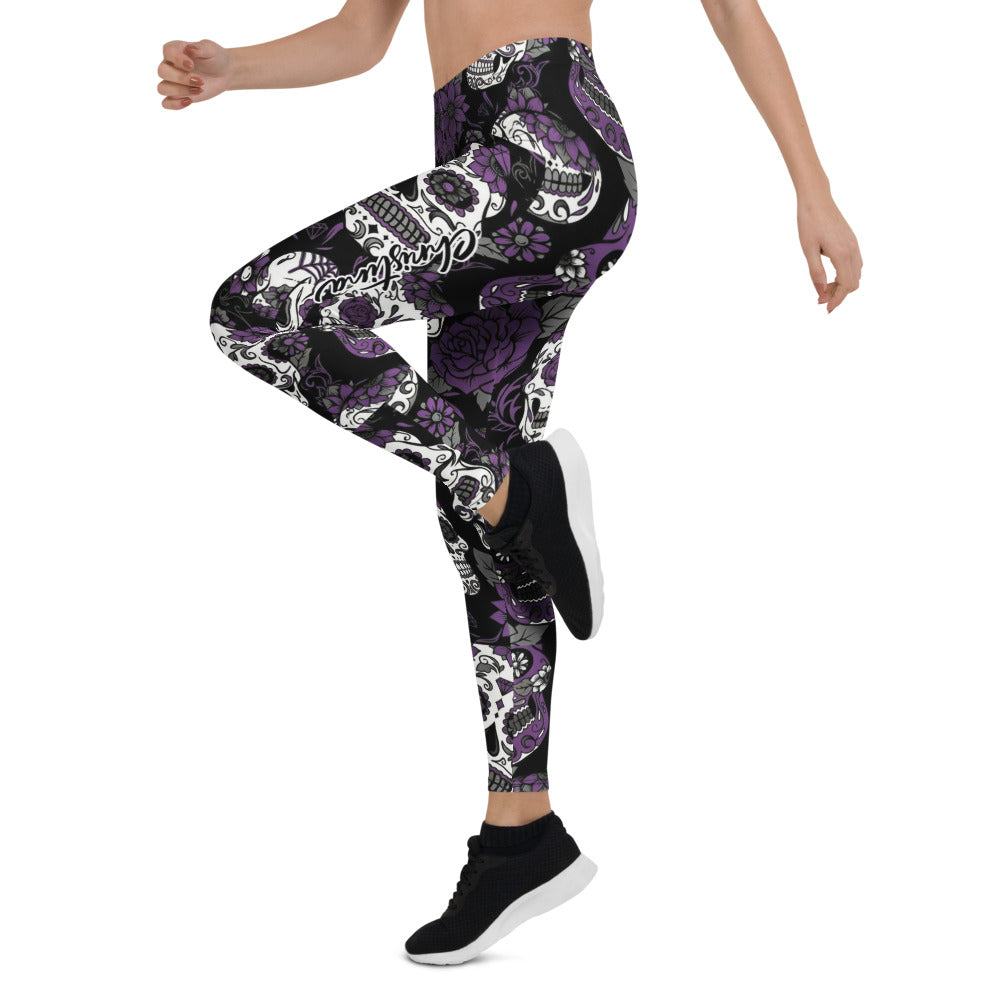 Personalisierte Damen Sportleggings Totenkopf Sugar Skull Design Lila Schwarz Weiß Fitness Yoga Leggings E429
