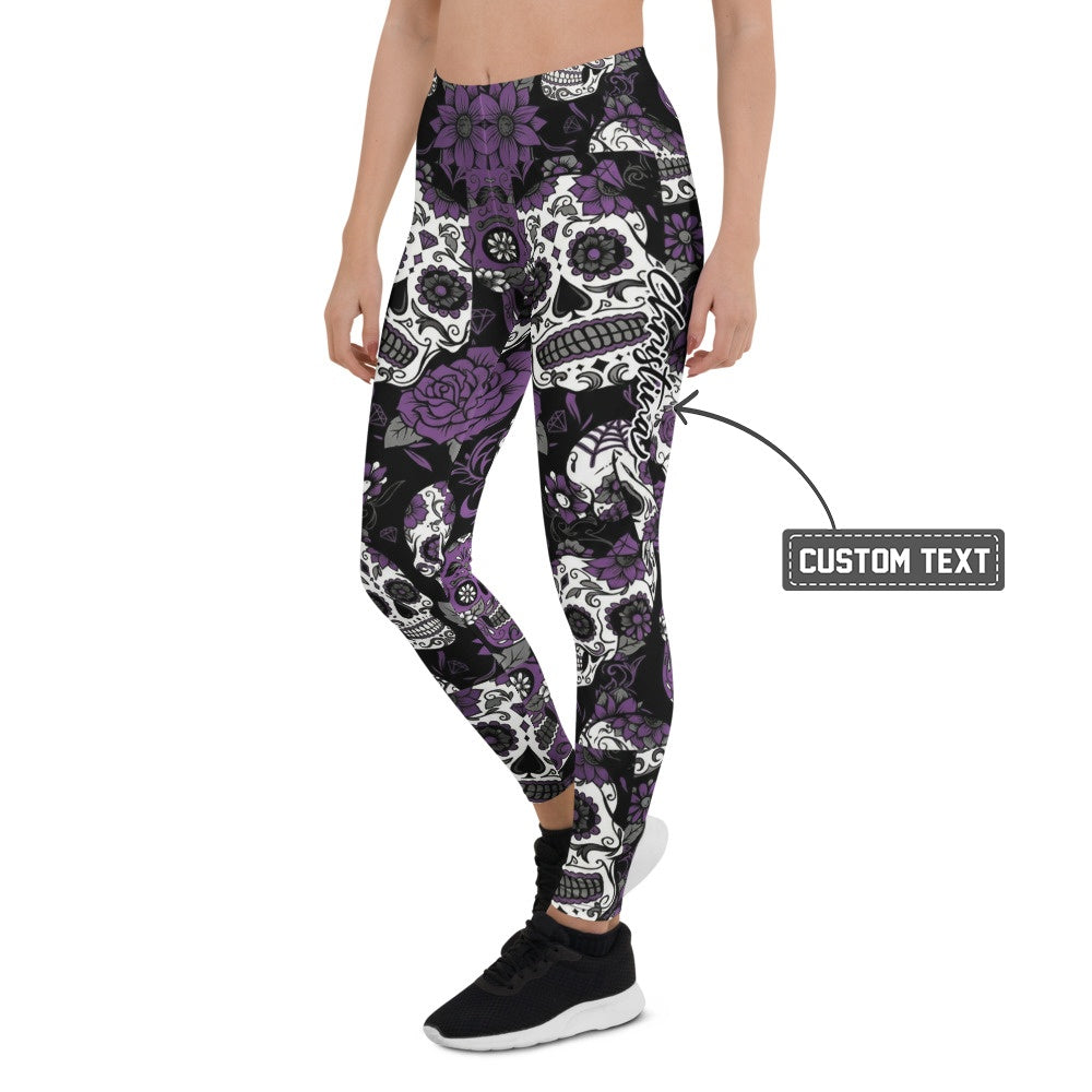 Personalisierte Damen Sportleggings Totenkopf Sugar Skull Design Lila Schwarz Weiß Fitness Yoga Leggings E429 - XL