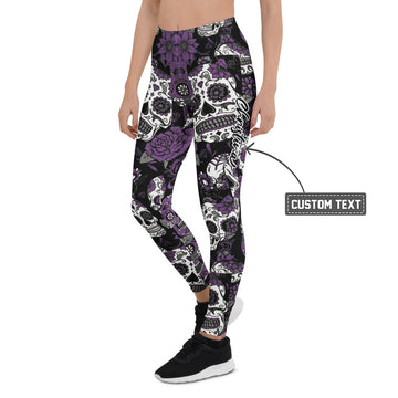 Personalisierte Damen Sportleggings Totenkopf Sugar Skull Design Lila Schwarz Weiß Fitness Yoga Leggings E429 - XL