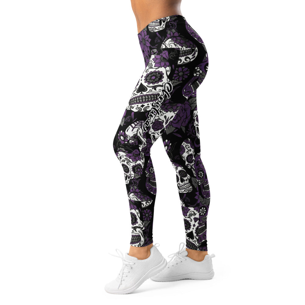 Personalisierte Damen Sportleggings Totenkopf Sugar Skull Design Lila Schwarz Weiß Fitness Yoga Leggings E429