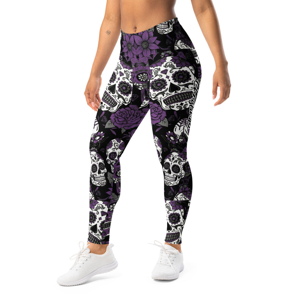 Personalisierte Damen Sportleggings Totenkopf Sugar Skull Design Lila Schwarz Weiß Fitness Yoga Leggings E429