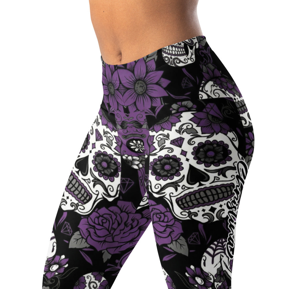 Personalisierte Damen Sportleggings Totenkopf Sugar Skull Design Lila Schwarz Weiß Fitness Yoga Leggings E429