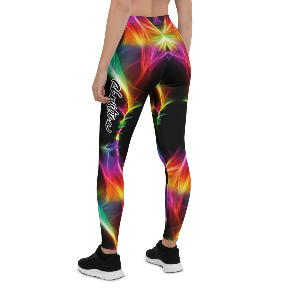 Personalisierte Sportleggings Damen Abstraktes Neon Design Bunt Fitness Yoga Leggings Schwarz H193