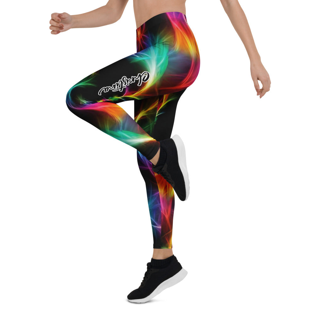 Personalisierte Sportleggings Damen Abstraktes Neon Design Bunt Fitness Yoga Leggings Schwarz H193