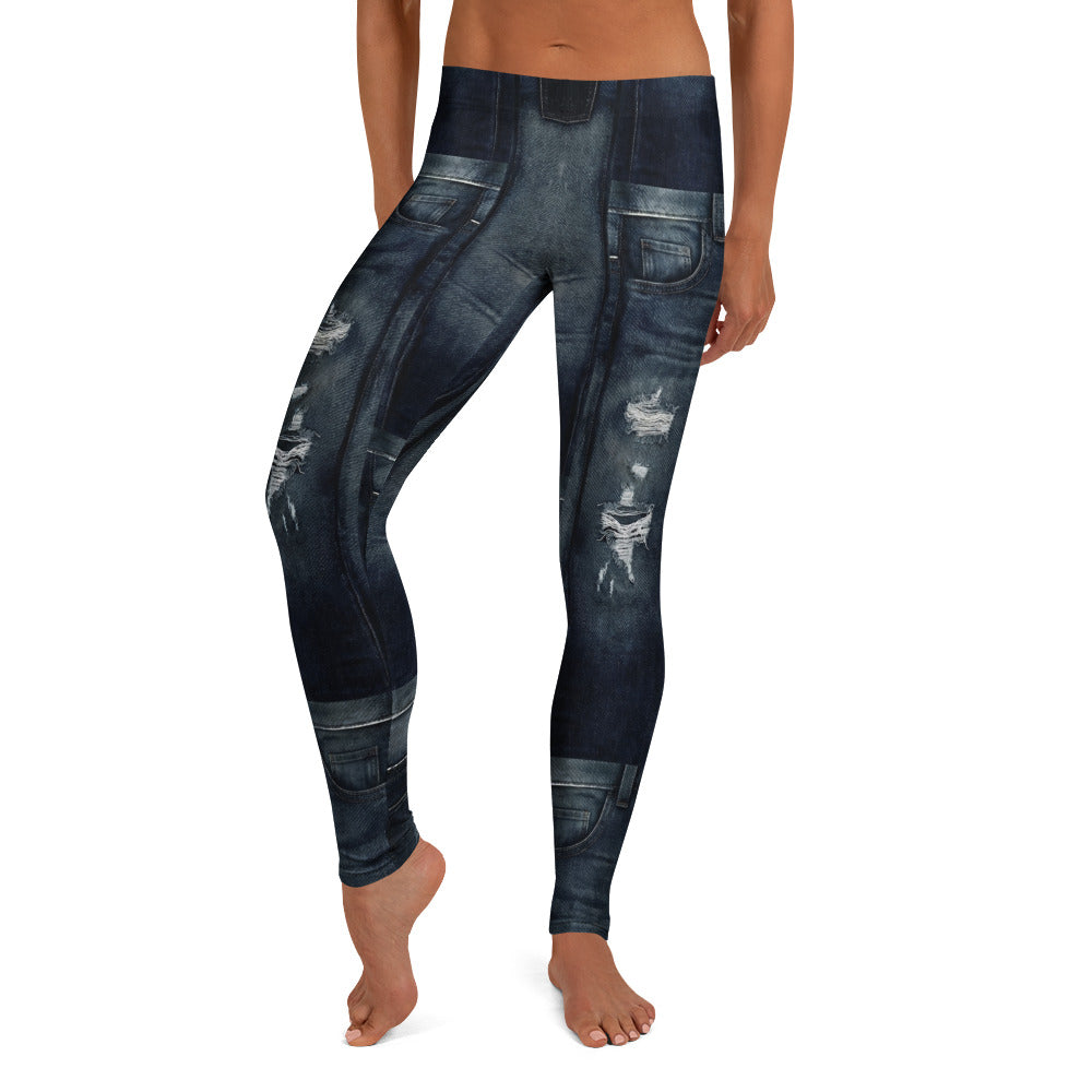 Personalisierte Damen Sportleggings Jeans-Optik Dunkelblau Ripped Design Fitness Leggings F430