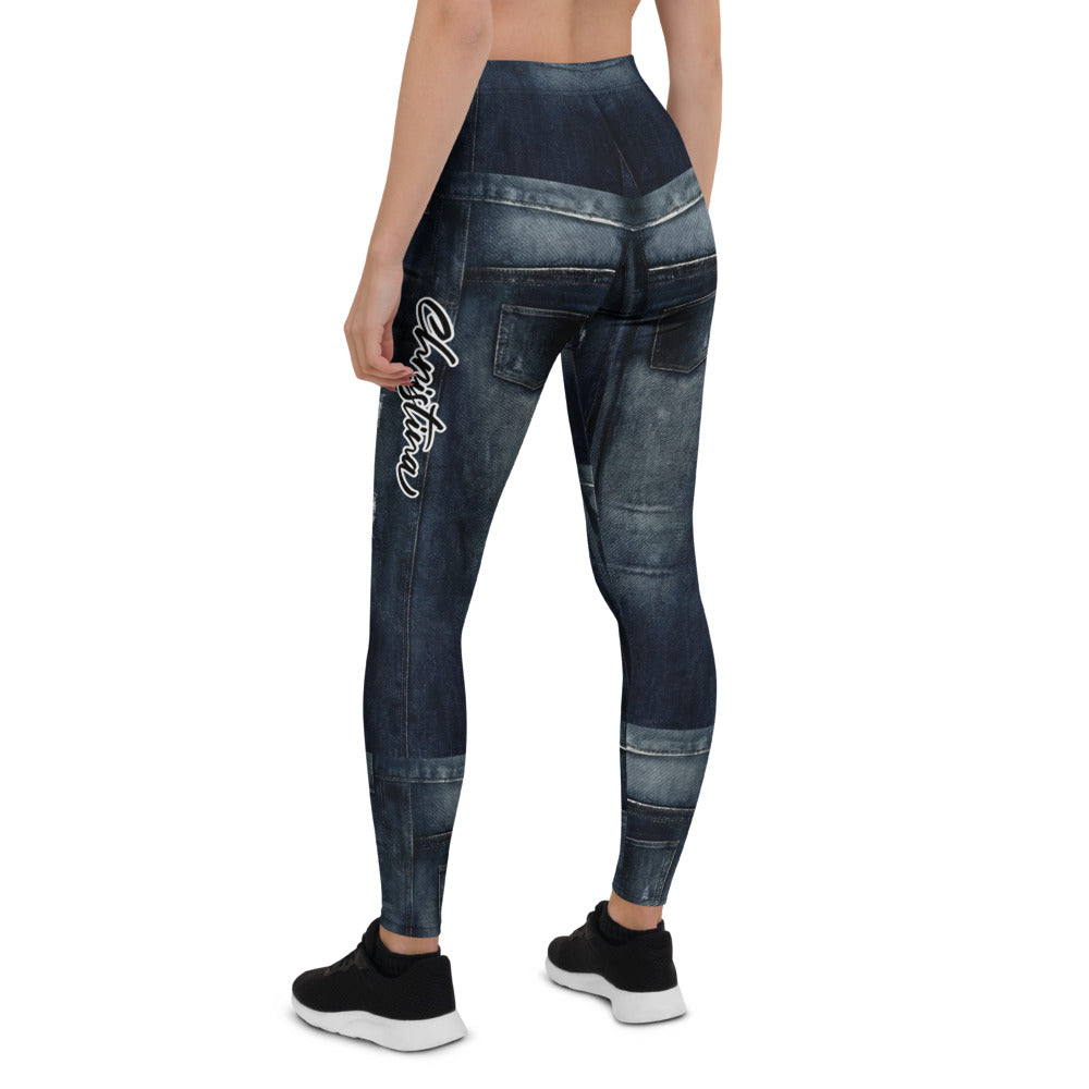 Personalisierte Damen Sportleggings Jeans-Optik Dunkelblau Ripped Design Fitness Leggings F430