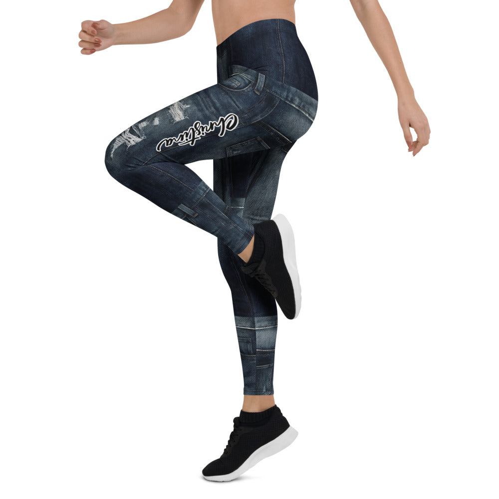 Personalisierte Damen Sportleggings Jeans-Optik Dunkelblau Ripped Design Fitness Leggings F430