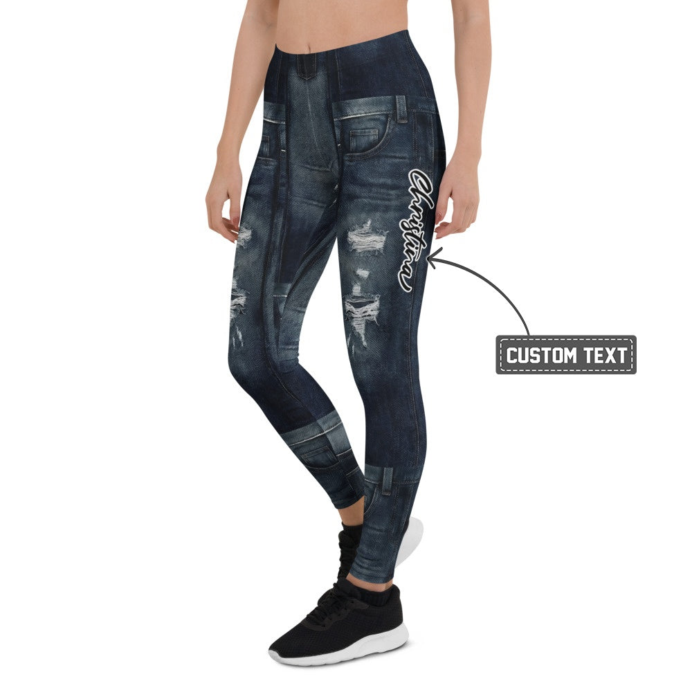 Personalisierte Damen Sportleggings Jeans-Optik Dunkelblau Ripped Design Fitness Leggings F430 - XL