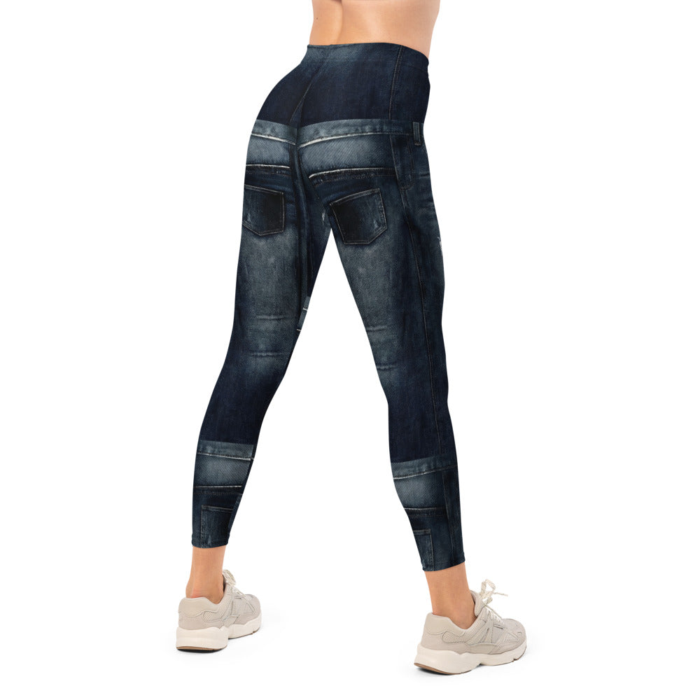 Personalisierte Damen Sportleggings Jeans-Optik Dunkelblau Ripped Design Fitness Leggings F430
