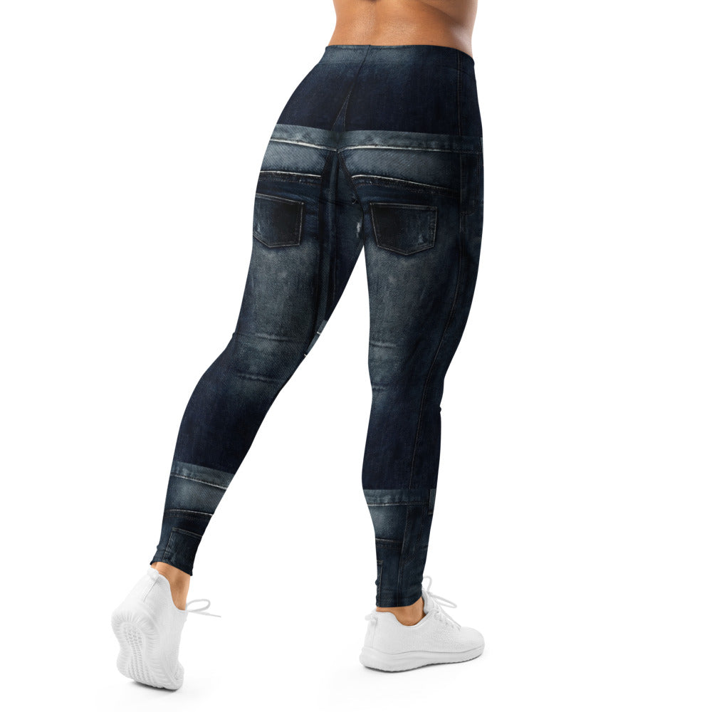 Personalisierte Damen Sportleggings Jeans-Optik Dunkelblau Ripped Design Fitness Leggings F430
