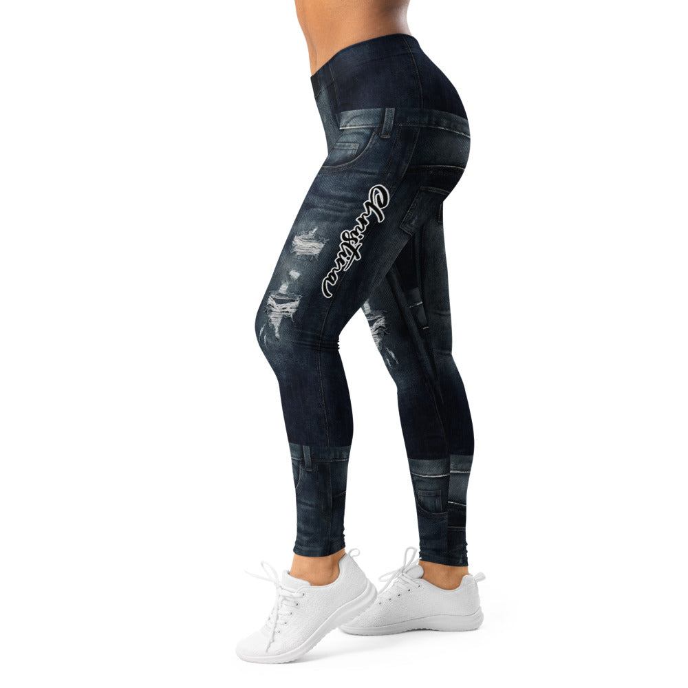 Personalisierte Damen Sportleggings Jeans-Optik Dunkelblau Ripped Design Fitness Leggings F430