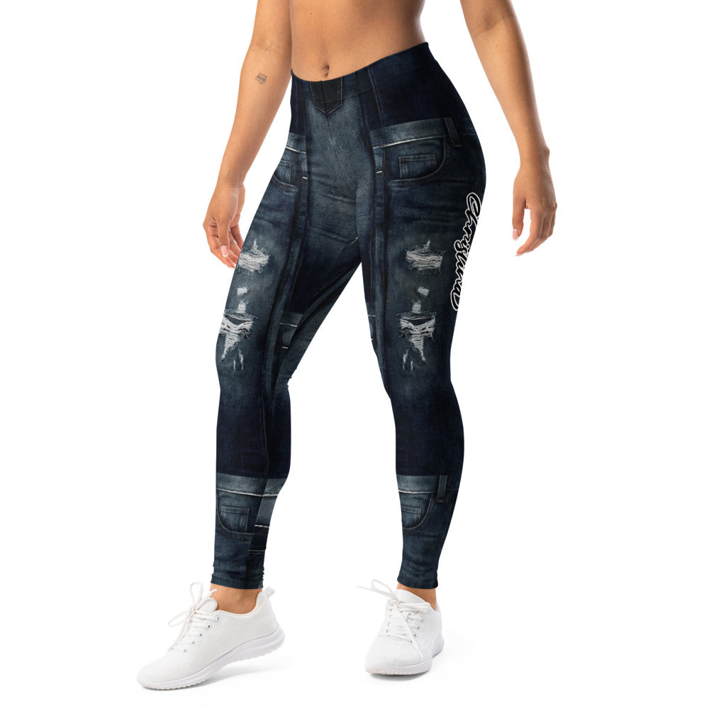 Personalisierte Damen Sportleggings Jeans-Optik Dunkelblau Ripped Design Fitness Leggings F430
