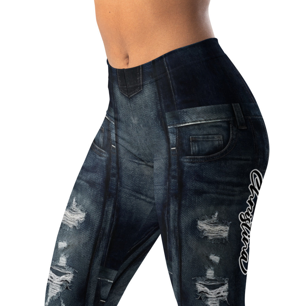 Personalisierte Damen Sportleggings Jeans-Optik Dunkelblau Ripped Design Fitness Leggings F430