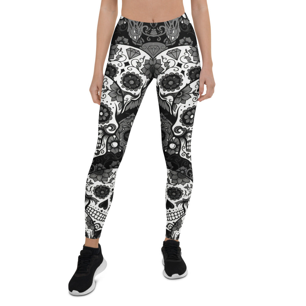 Personalisierte Damen Sportleggings Totenkopf Muster Schwarz Weiß Fitness Yoga Leggings Sugar Skull Design U497