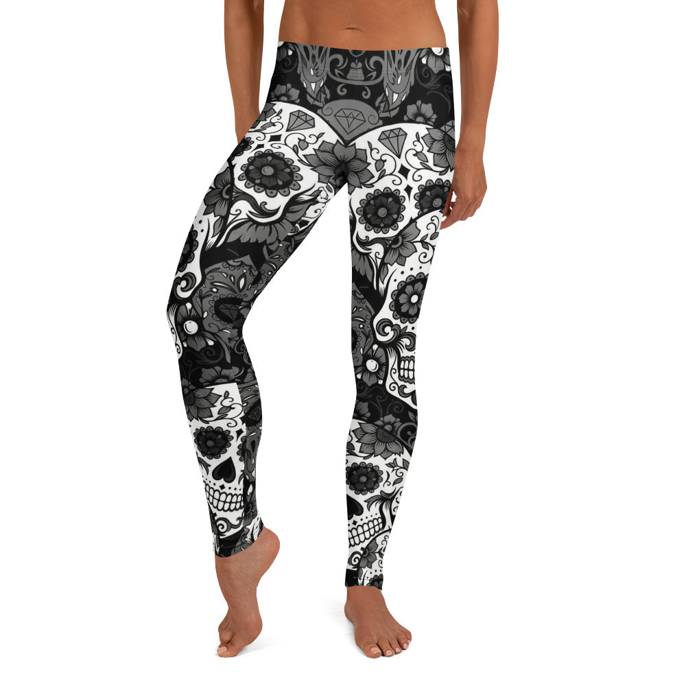 Personalisierte Damen Sportleggings Totenkopf Muster Schwarz Weiß Fitness Yoga Leggings Sugar Skull Design U497