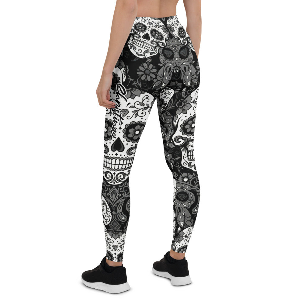 Personalisierte Damen Sportleggings Totenkopf Muster Schwarz Weiß Fitness Yoga Leggings Sugar Skull Design U497