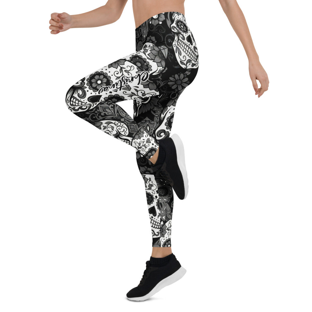 Personalisierte Damen Sportleggings Totenkopf Muster Schwarz Weiß Fitness Yoga Leggings Sugar Skull Design U497