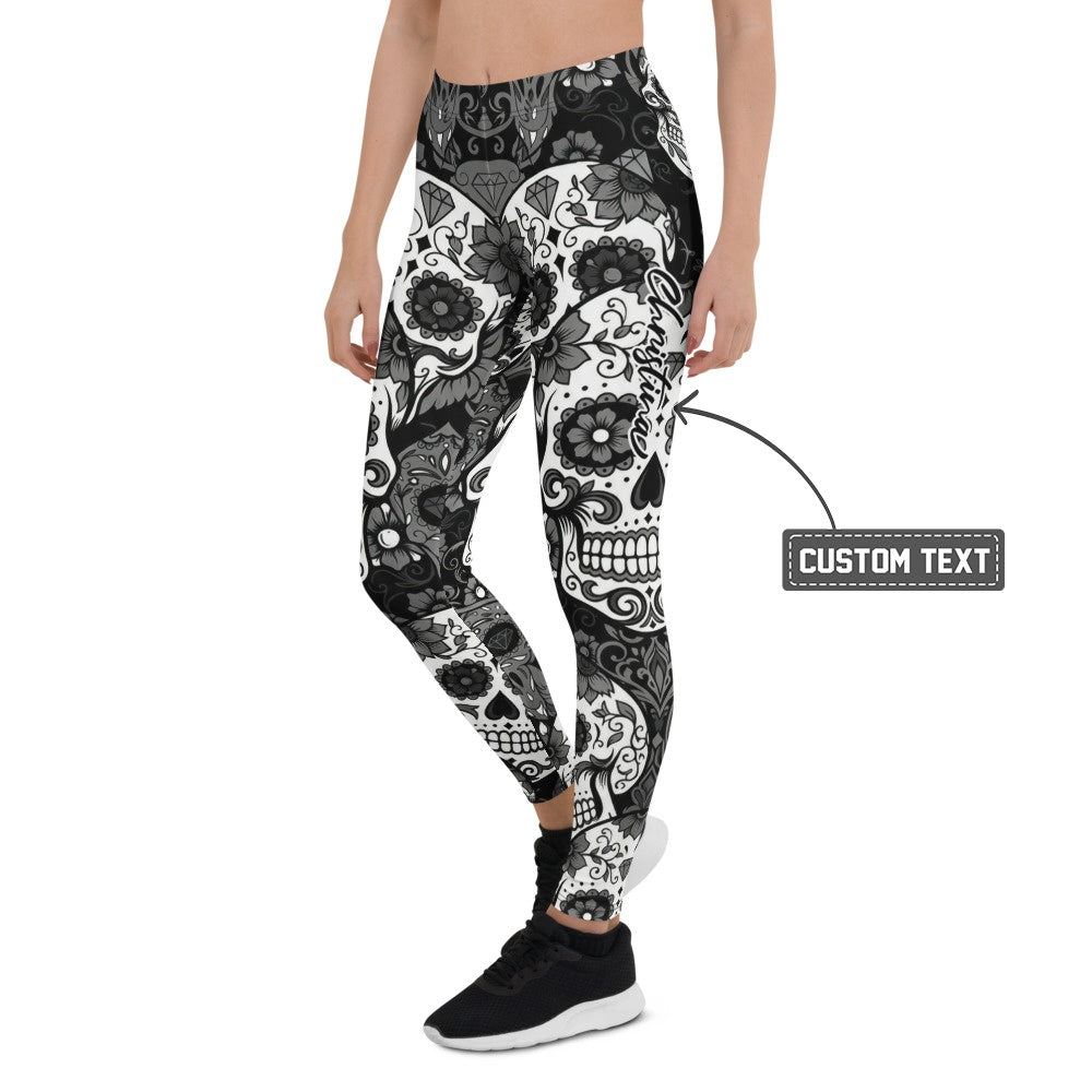 Personalisierte Damen Sportleggings Totenkopf Muster Schwarz Weiß Fitness Yoga Leggings Sugar Skull Design U497 - XL