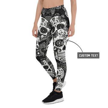 Personalisierte Damen Sportleggings Totenkopf Muster Schwarz Weiß Fitness Yoga Leggings Sugar Skull Design U497 - XL