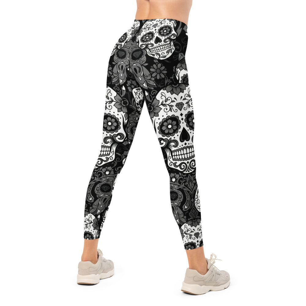 Personalisierte Damen Sportleggings Totenkopf Muster Schwarz Weiß Fitness Yoga Leggings Sugar Skull Design U497