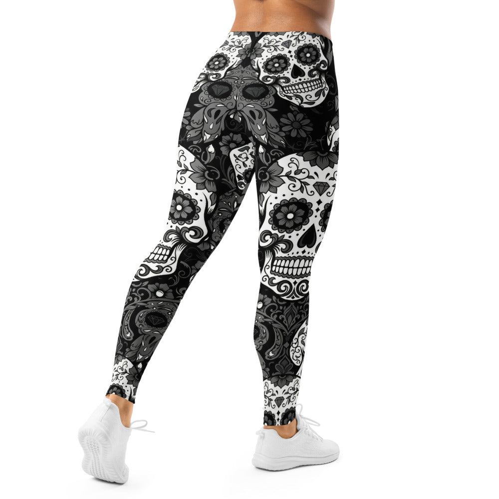 Personalisierte Damen Sportleggings Totenkopf Muster Schwarz Weiß Fitness Yoga Leggings Sugar Skull Design U497