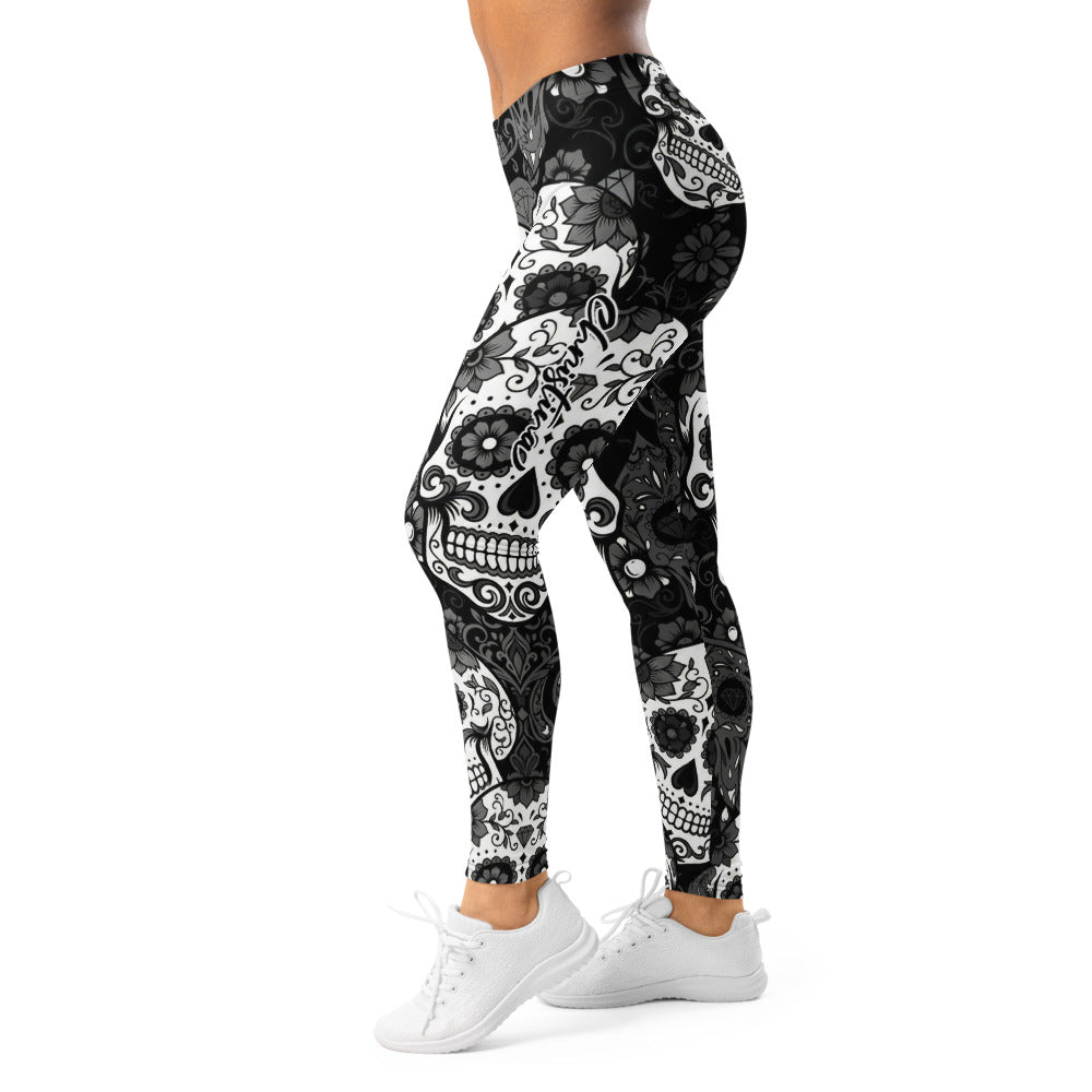 Personalisierte Damen Sportleggings Totenkopf Muster Schwarz Weiß Fitness Yoga Leggings Sugar Skull Design U497