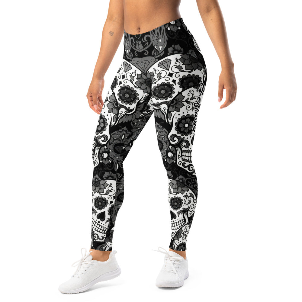 Personalisierte Damen Sportleggings Totenkopf Muster Schwarz Weiß Fitness Yoga Leggings Sugar Skull Design U497