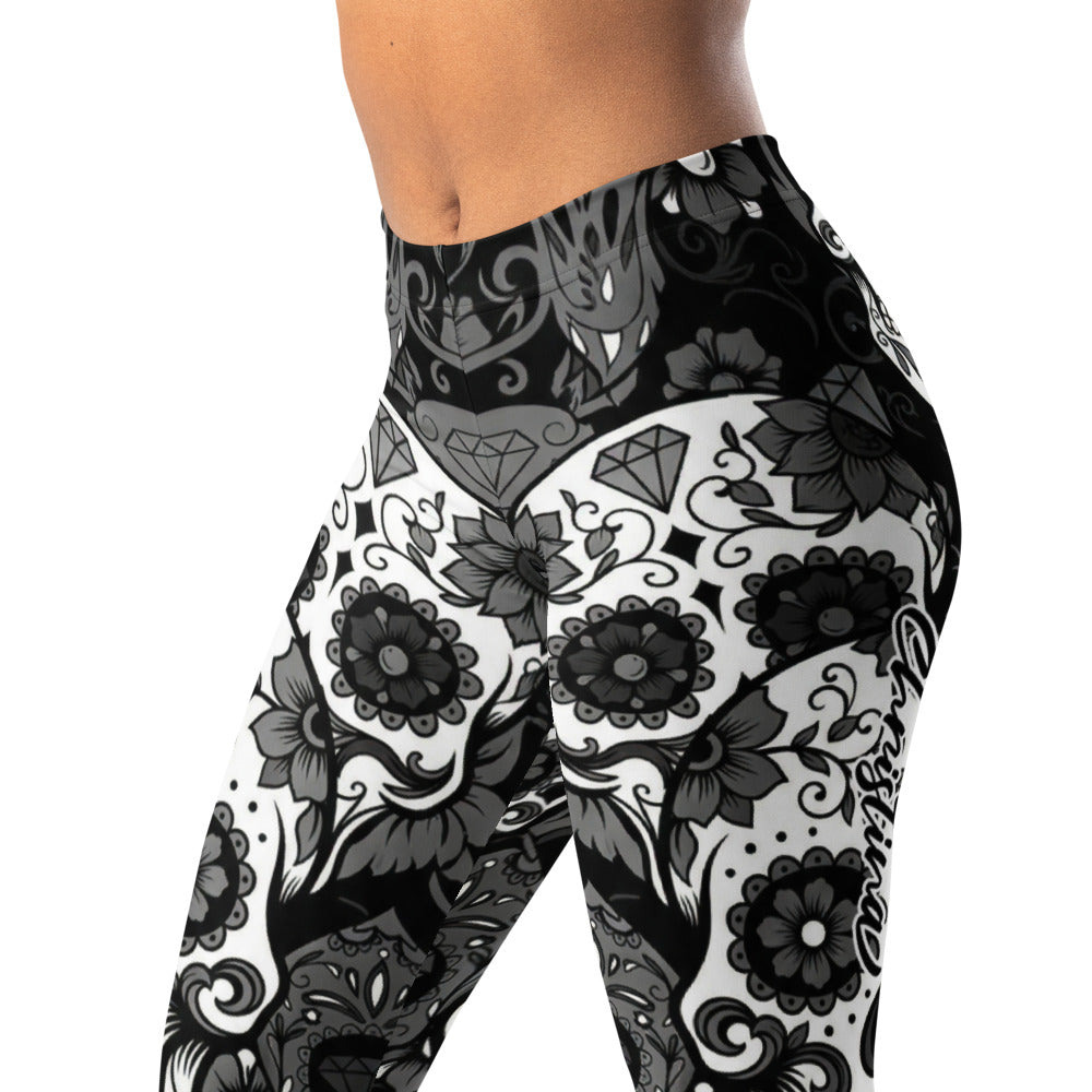 Personalisierte Damen Sportleggings Totenkopf Muster Schwarz Weiß Fitness Yoga Leggings Sugar Skull Design U497