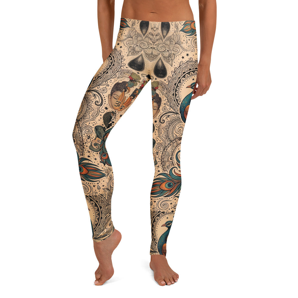 Personalisierte Damen Yoga Leggings Mandala Pfau Buddha Design Spirituell Fitnesshose Beige Bunt W685