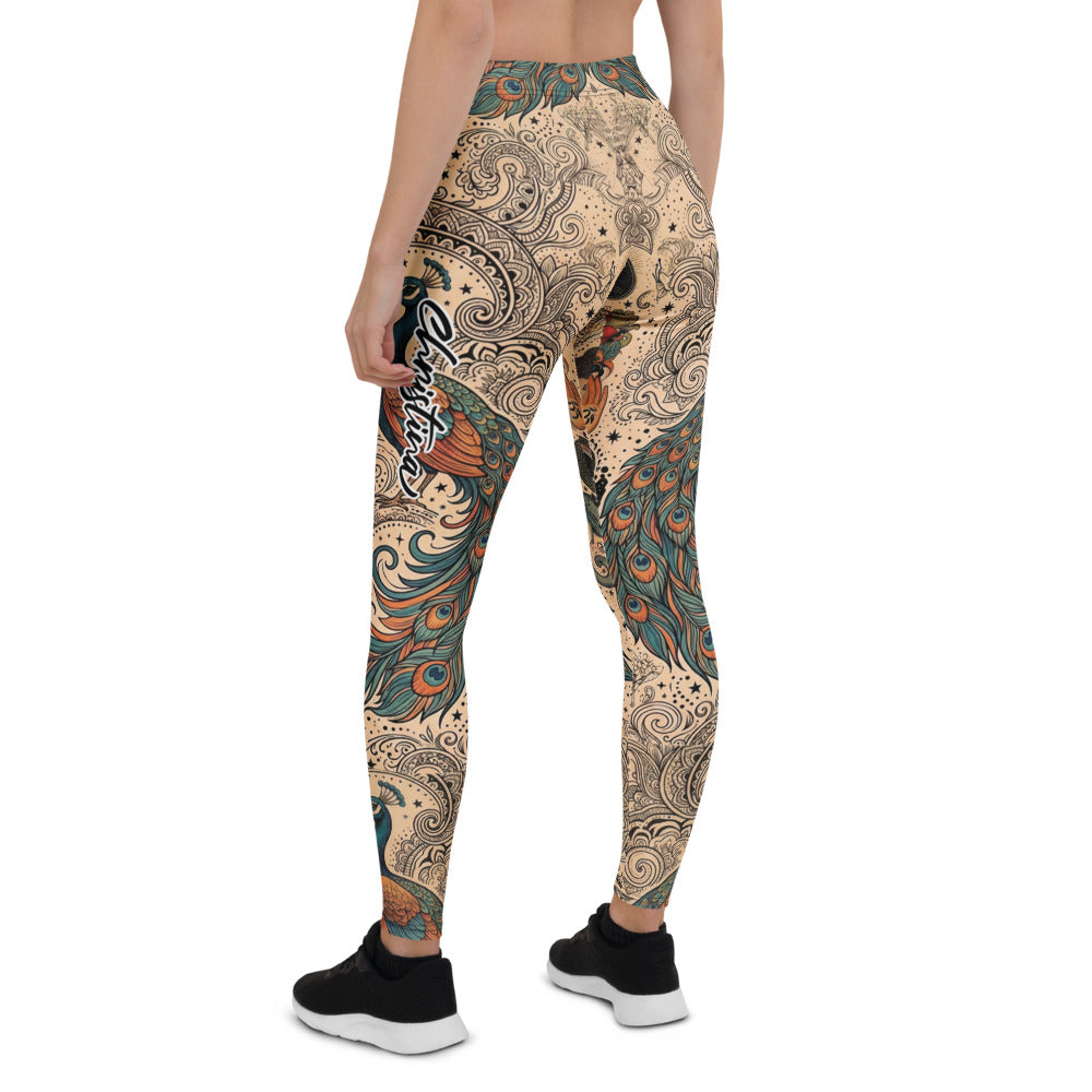 Personalisierte Damen Yoga Leggings Mandala Pfau Buddha Design Spirituell Fitnesshose Beige Bunt W685