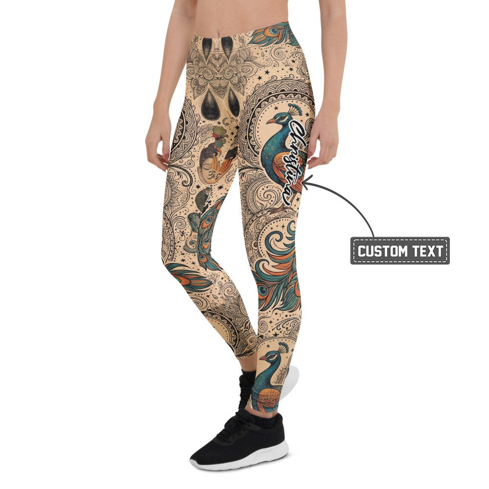 Personalisierte Damen Yoga Leggings Mandala Pfau Buddha Design Spirituell Fitnesshose Beige Bunt W685 - XL