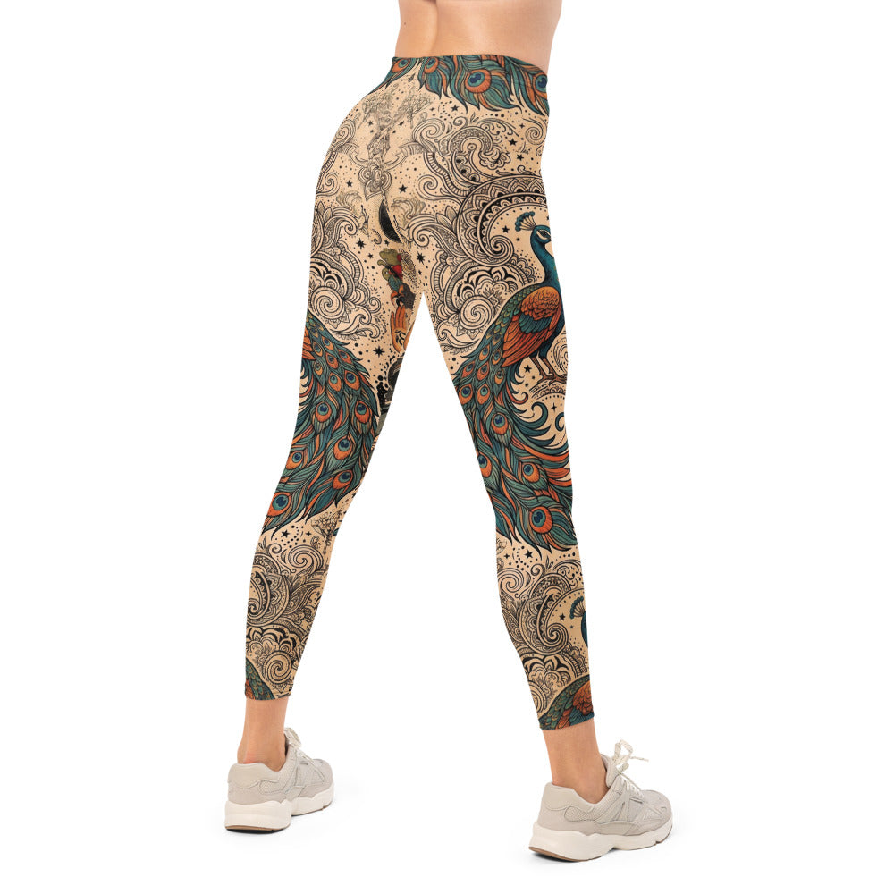 Personalisierte Damen Yoga Leggings Mandala Pfau Buddha Design Spirituell Fitnesshose Beige Bunt W685