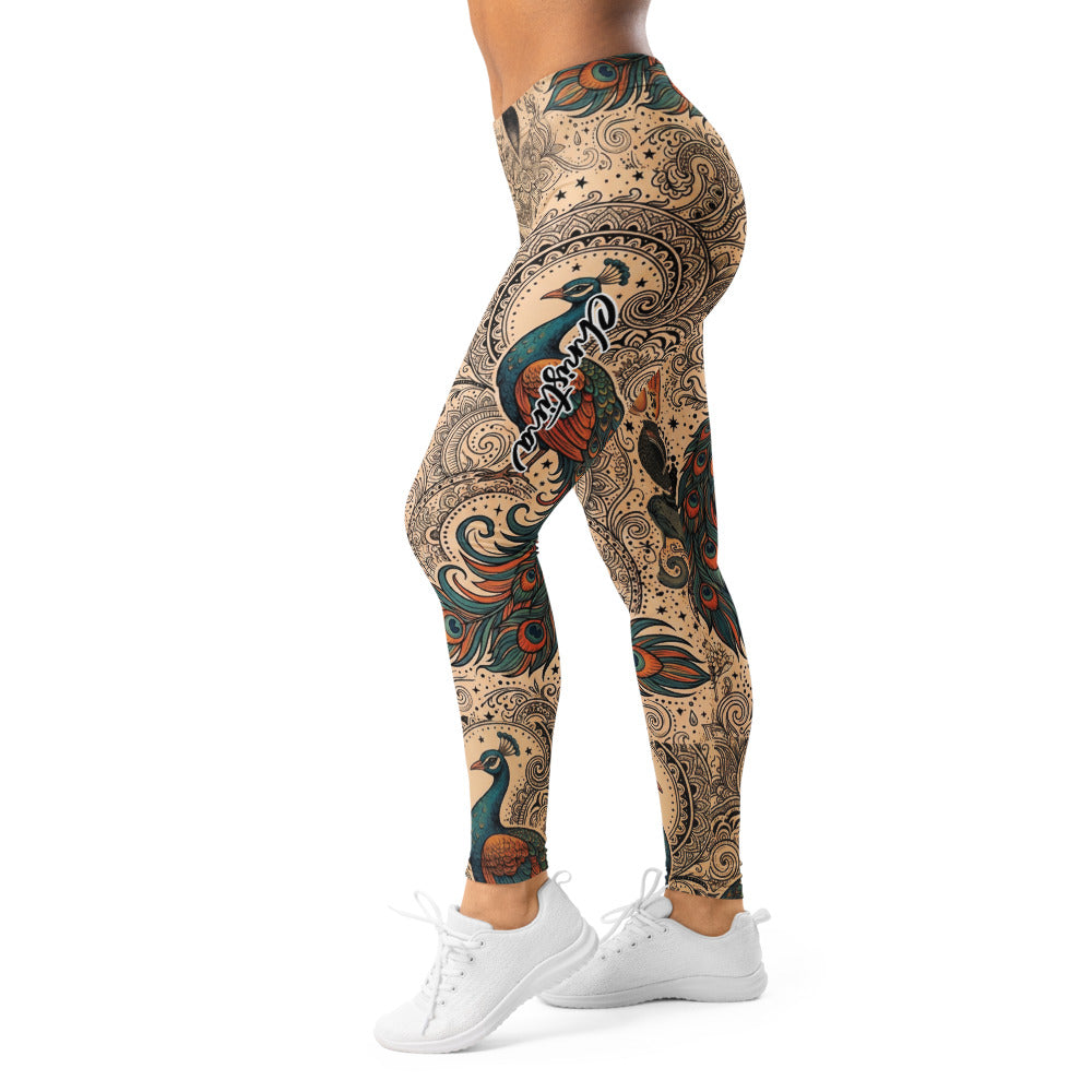 Personalisierte Damen Yoga Leggings Mandala Pfau Buddha Design Spirituell Fitnesshose Beige Bunt W685