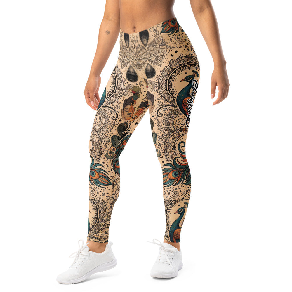 Personalisierte Damen Yoga Leggings Mandala Pfau Buddha Design Spirituell Fitnesshose Beige Bunt W685