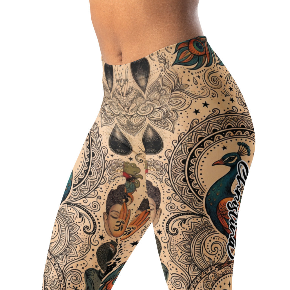 Personalisierte Damen Yoga Leggings Mandala Pfau Buddha Design Spirituell Fitnesshose Beige Bunt W685