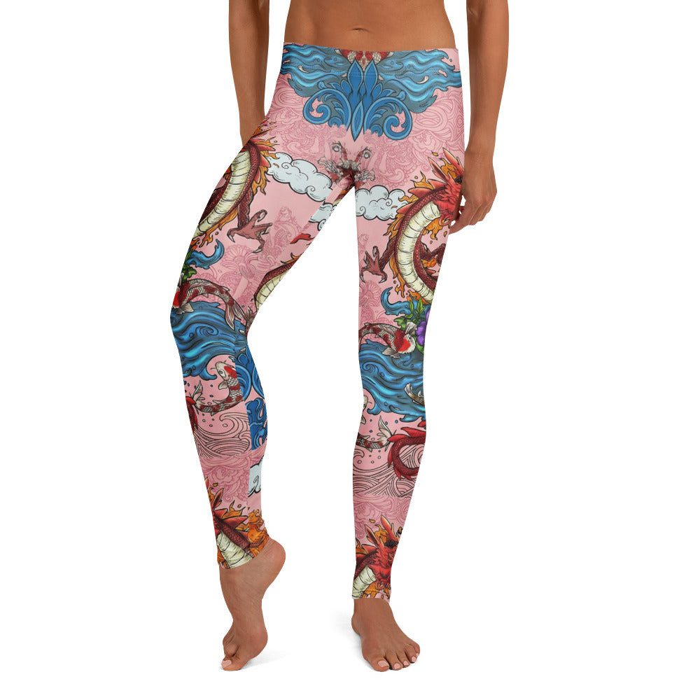 Personalisierte Damen Sportleggings Japanisches Design Drache & Koi Muster Pink Blau Fitness Leggings I275