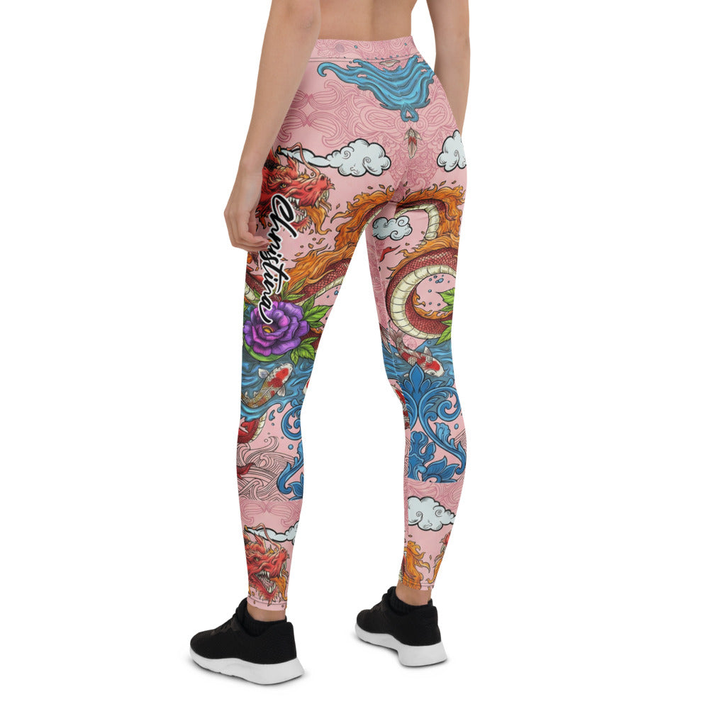 Personalisierte Damen Sportleggings Japanisches Design Drache & Koi Muster Pink Blau Fitness Leggings I275