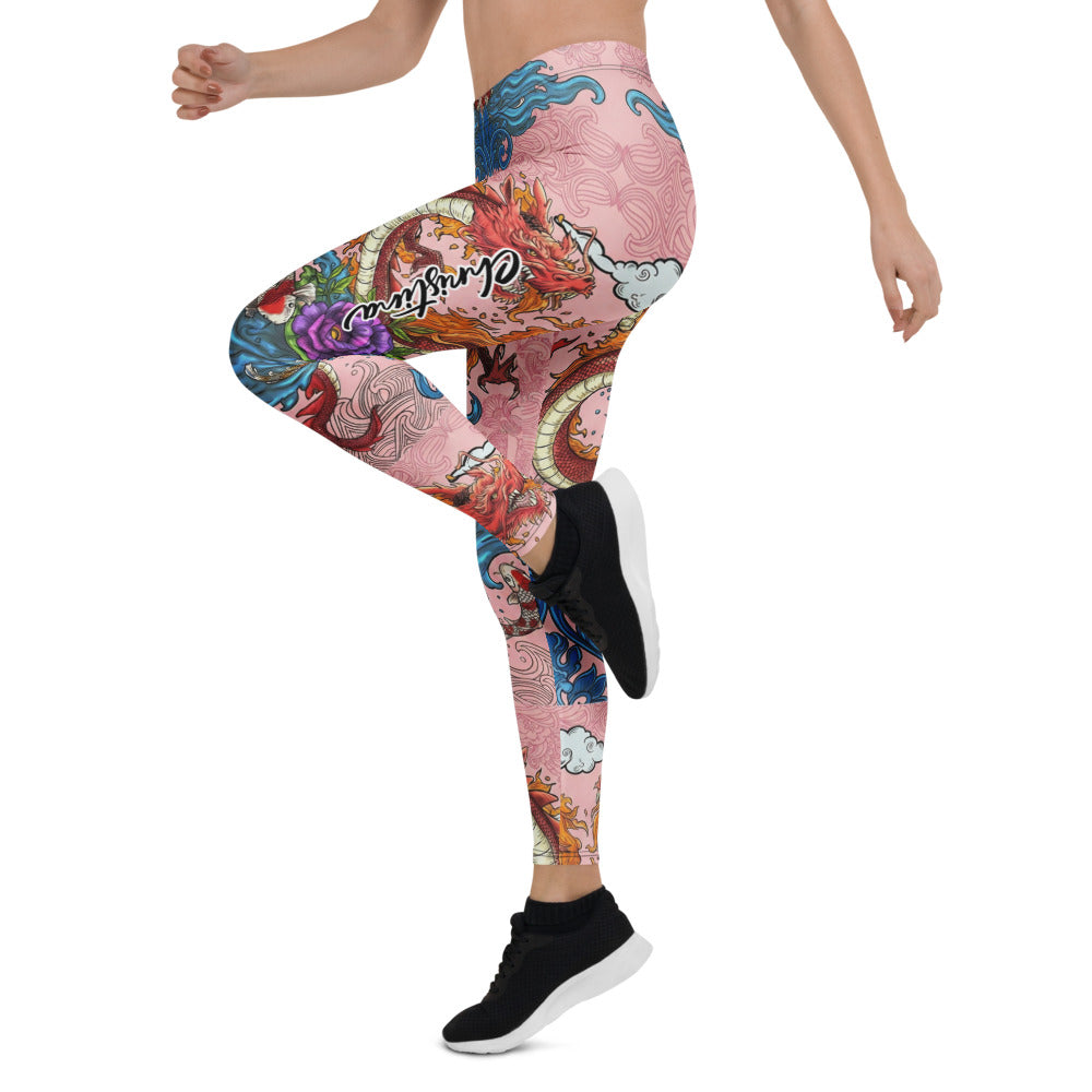 Personalisierte Damen Sportleggings Japanisches Design Drache & Koi Muster Pink Blau Fitness Leggings I275