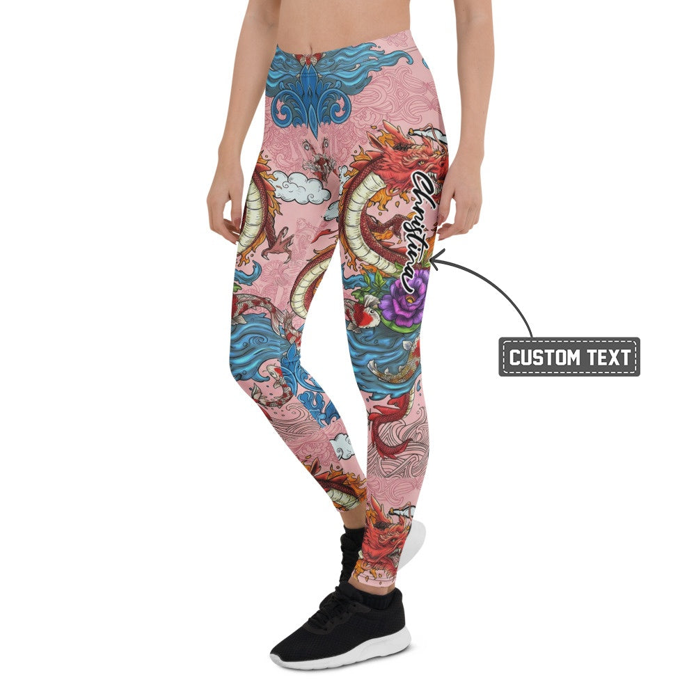 Personalisierte Damen Sportleggings Japanisches Design Drache & Koi Muster Pink Blau Fitness Leggings I275 - XL